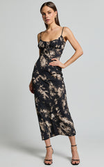 Nicki Midi Dress - Strappy Ruched Bust Slip Dress in Black Tie Dye