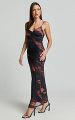 Rashida Midi Dress - V Neck Mesh Printed Dress in Dark Tie Dye