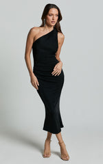 Arietty Midi Dress - One Shoulder Asymmetrical Ruched Dress in Black
