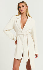 Mhina Mini Dress - Waist Tie Blazer Dress in Stone