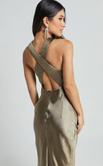 Aluna Midi Dress - High Neck Cross Back Satin Slip Dress in Olive