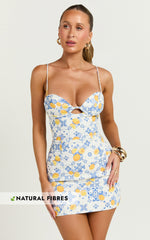 Frances Mini Linen Dress - Ruched Lace Up Back Dress in LIMENCELLO TILE
