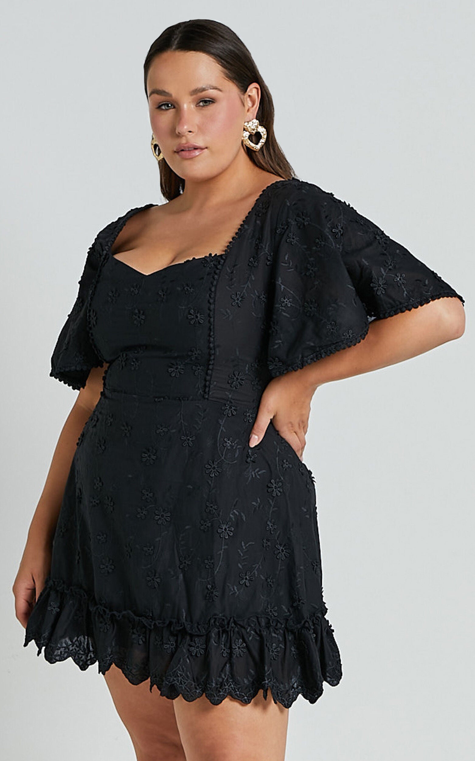 Fancy A Spritz Mini Dress - Square Neck Dress in Black Embroidery