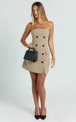 Tansy Mini Dress - Strapless Tailored Bodycon Dress in Tan