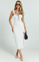 Archie Midi Dress - Ruched Bust Fitted Straight Broiderie Dress in White