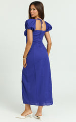Robin Midi Linen Dress - Puff Sleeve High Split Dress in Navy