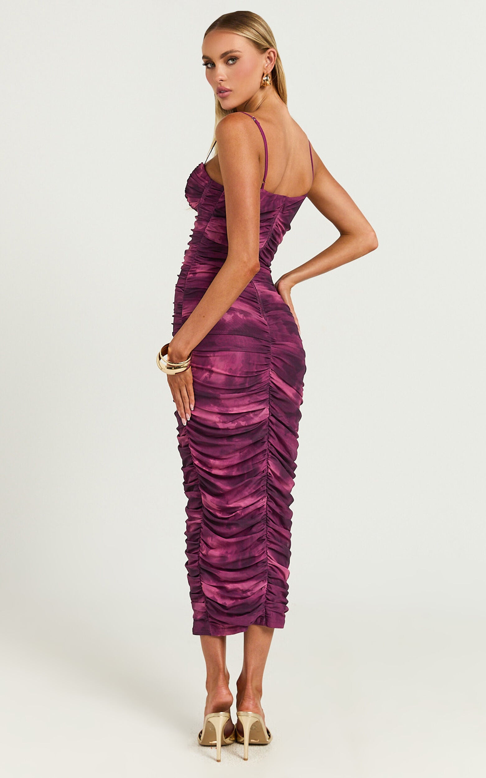 Leanor Midi Dress - Mesh Ruched Bustier Bodycon Dress in Purple Fields
