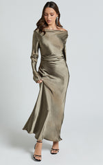 Arriana Midi Dress - Long Sleeve Cowl Back Satin Dress in Dark Olive