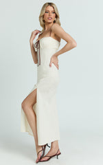 Gwen Midi Linen Dress - Strapped Ruched Bodice Bias Dress in Cream