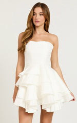 Allisyn Mini Dress - Strapless Tiered Flare Dress in White