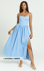 Morris Midi Dress - Linen Scoop Neck Gathered Dress in Blue