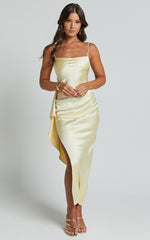 Carolina Maxi Dress - Frill Detail Satin Square Neck Dress in Lemon