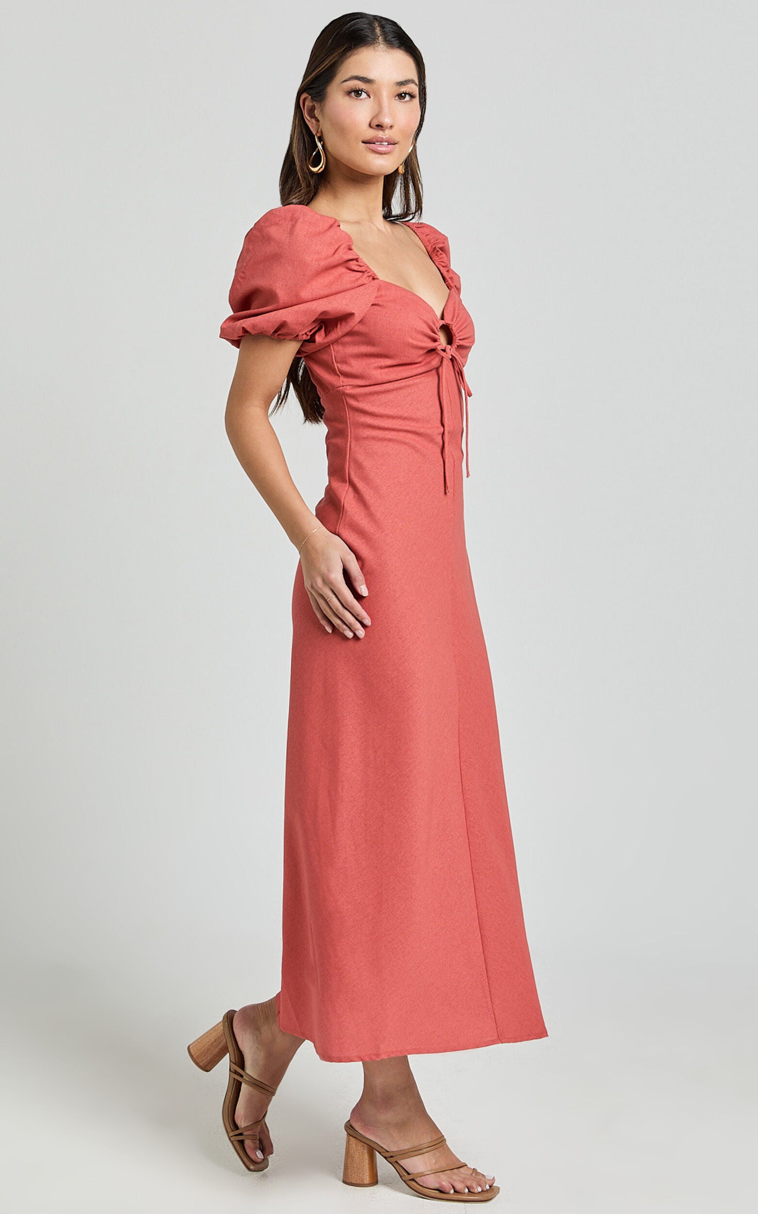 Fabia Midi Dress - Sweetheart Keyhole Linen Blend Dress in Clay