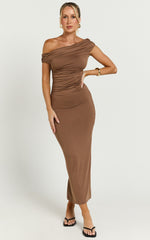 Yolanda Midi Dress - Off Shoulder Ruched Side Jersey Dress in Mocha