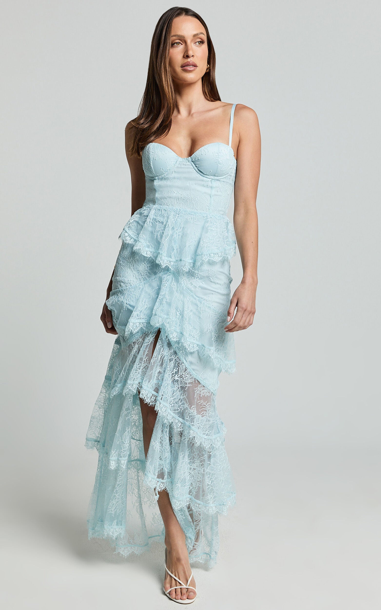 Merrick Maxi Dress - Sweetheart Corset Front Tiered Maxi Dress in Ice Blue