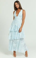 Eva Midi Dress - Deep V Neck Sleeveless Layered Dress in Blue