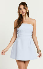 Millie Mini Dress - Linen Strapless Mini Dress in Blue