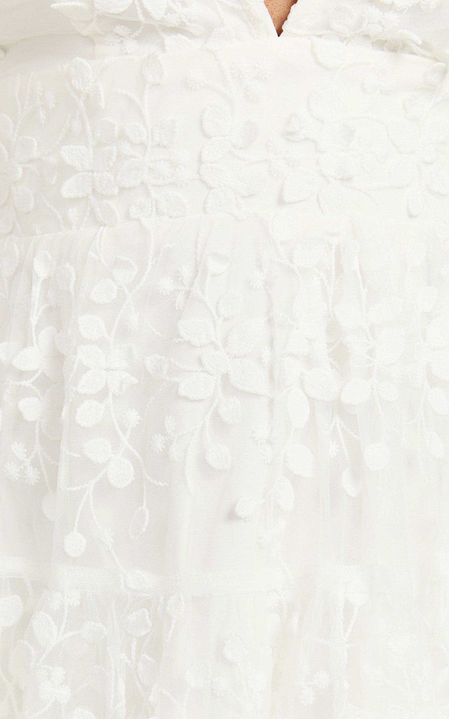 Pamela Mini Dress - Embroidered Plunge Tiered Dress in White