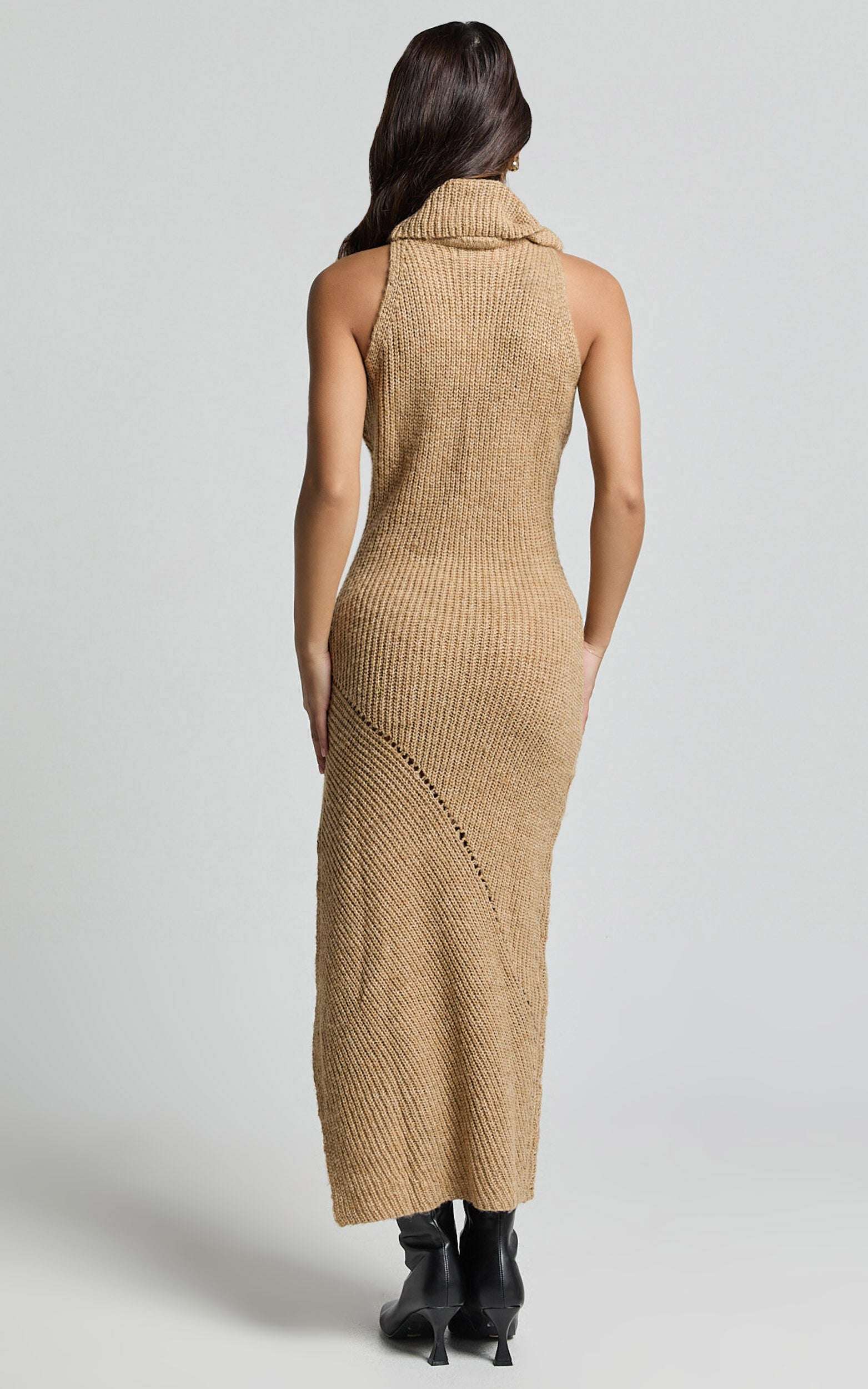 Alaina Midi Dress - Recycled Polyester Knitted Roll Neck Dress in Caramel