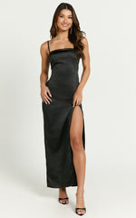 Alexa Midi Dress - Satin Square Neck Slip Dress in Black