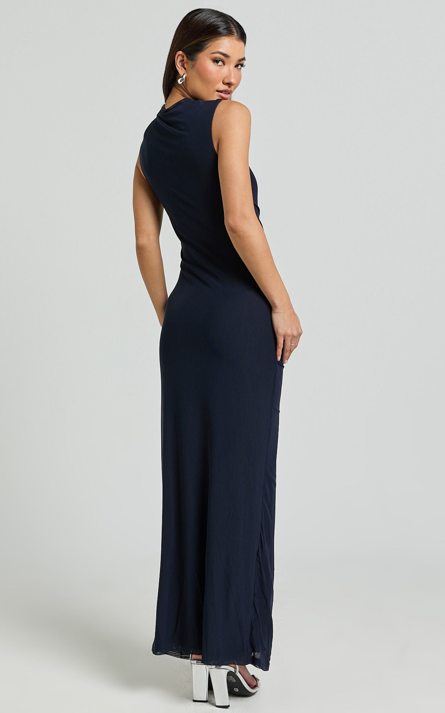 Lara Midi Dress - Asymmetrical Ruched Mesh Dress in Ink
