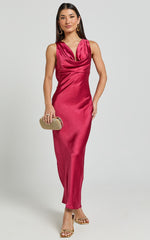 Geri Midi Dress - Cowl Neck Low Back Satin Dress in Berry