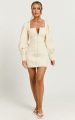Desiree Mini Dress - Long Sleeve Zip Front Dress in Natural