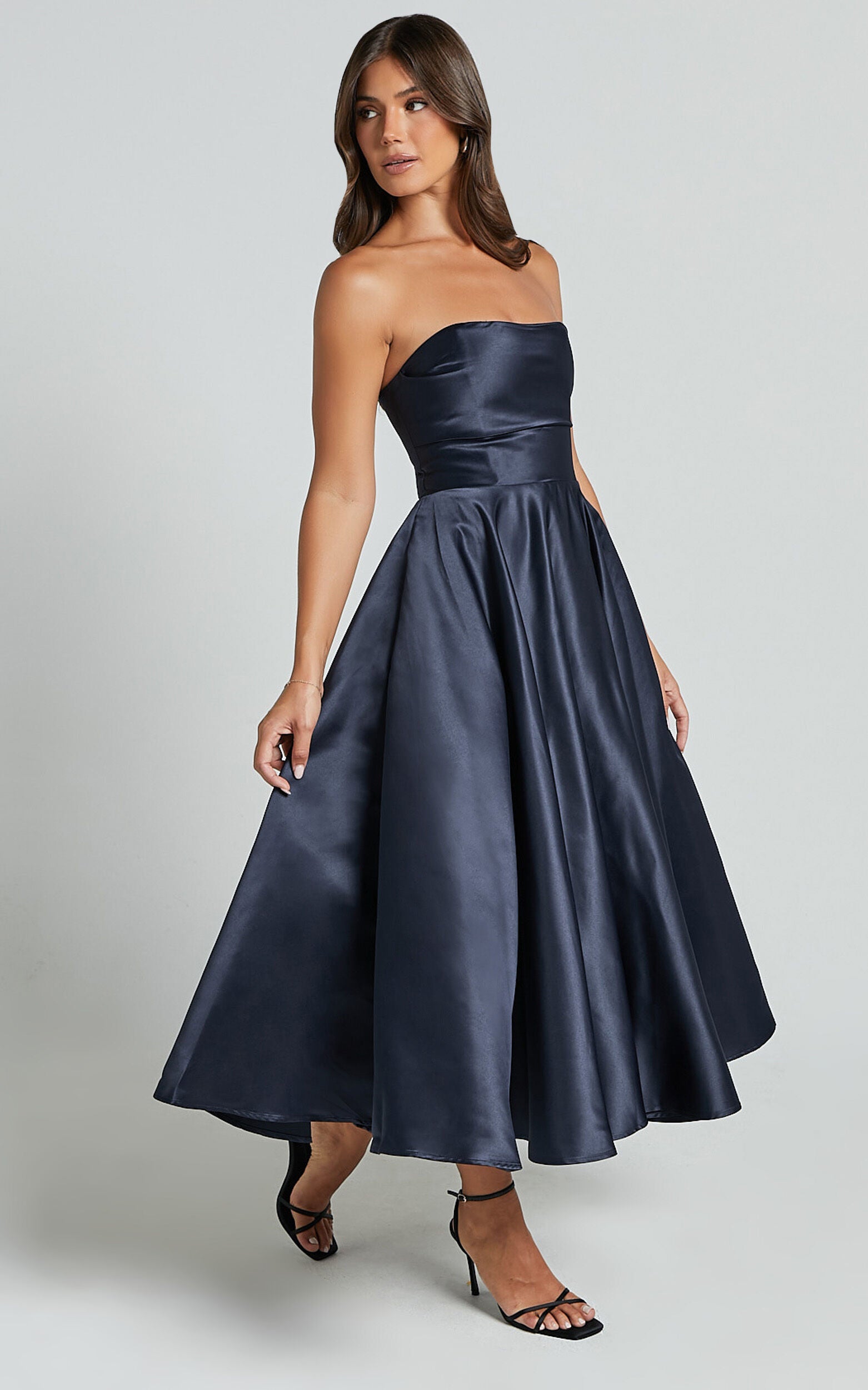 Helaina Midi Dress - Strapless A-Line Satin Dress in Navy