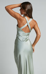 Khalani Midi Dress - Deep V Neck Satin Slip Dress in Sage