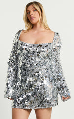 Selena Mini Dress - Flare Sleeve Disc Sequin Dress in Silver