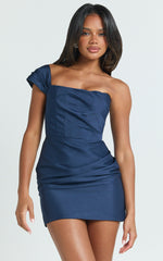 Stefania Mini Dress  - Asymmetrical Removable Skirk Ruched Strapless Bodycon Dress in Navy