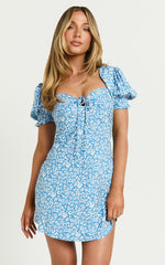 Jacky Mini Dress - Sweetheart Puff Sleeve Mini Dress in Blue Floral