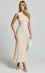 Selena Midi Dress - High Neck Sleeveless Slip Dress in Natural