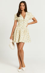 Jefelyn Mini Dress - Puff Sleeve Fit & Flare Dress in Lemon Vintage Floral
