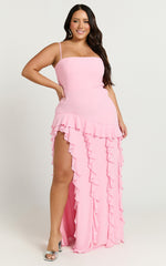 Solange Maxi Dress - Ruffle Hem Strapless Dress in Frost Pink