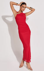 Lara Midi Dress - Asymmetrical Ruched Mesh Dress in Red