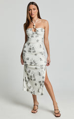 Evaline Midi Dress - Halter Neck Cut Out Front Slip Dress in Black and White Floral