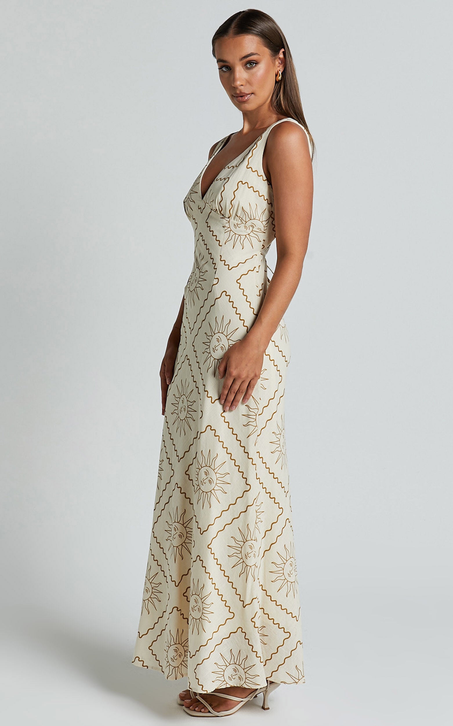 Sharlyn Midi Linen Dress - Deep V Neck Sleeveless Slip Dress in Beige Sun Print