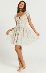 Russel Mini Dress - Fit & Flare Mini Dress with Ruched Bust in Vintage Floral