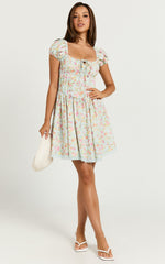 Russel Mini Dress - Fit & Flare Mini Dress with Ruched Bust in Vintage Floral