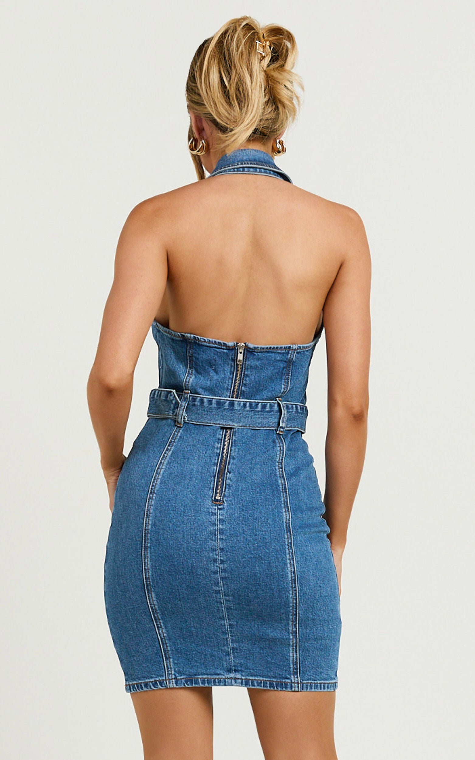 Remi Mini Dress - Halter Belt Denim Dress in Dark Blue Wash