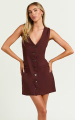 Kyla Mini Dress - V Neck Button Up Linen Vest Dress in Chocolate