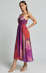 Josephine Midi Dress - Recycled Polyester Strappy Cross Tie Back Dress in Coral Mirage Print