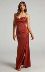 A Final Toast Midi Dress - Cowl Neck Thigh Split Dress in Copper Satin