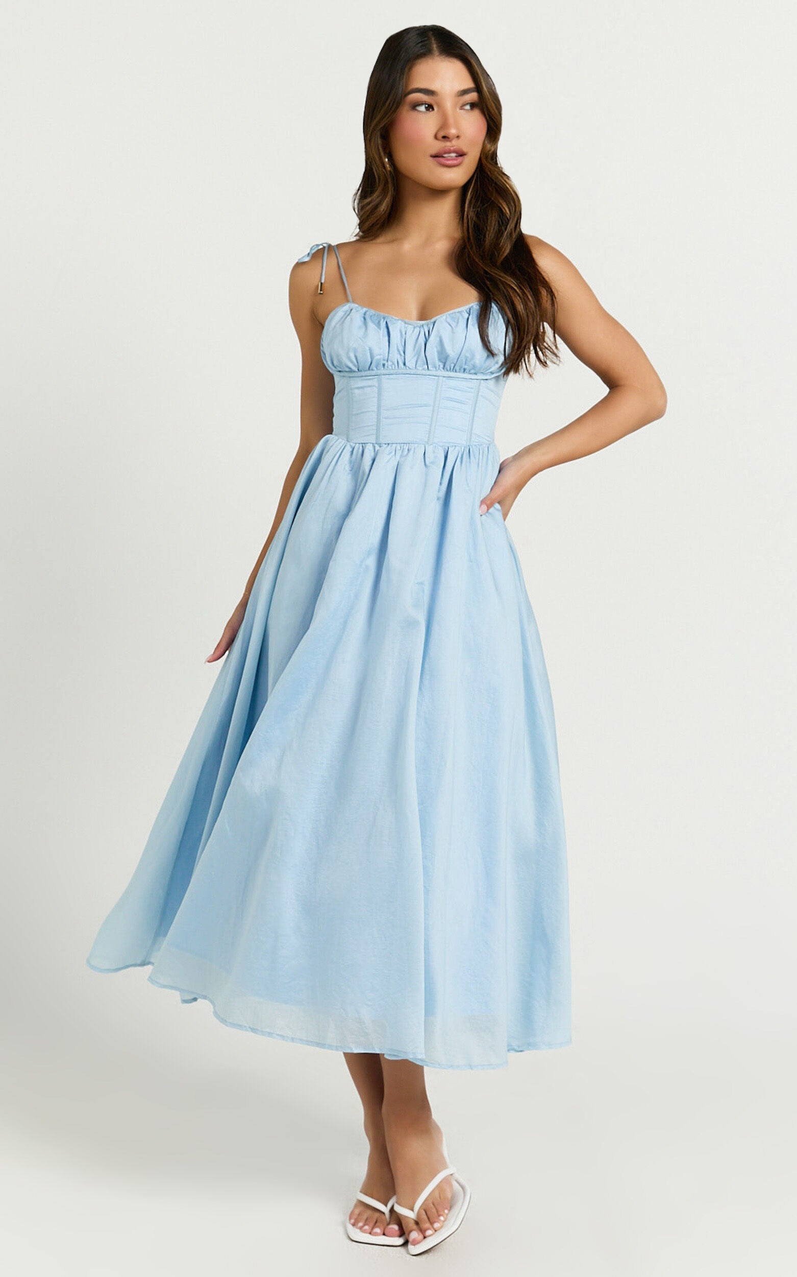 Dolores Midi Dress - Strappy Ruched Bust Corset Waist Dress in Blue