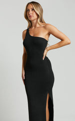 Alexa Midi Dress - Knitted One Shoulder Thigh Split Dress in Black