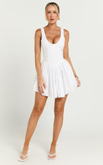 Ashlyn Mini Dress - Scoop Neck V Waist Gathered Dress in White