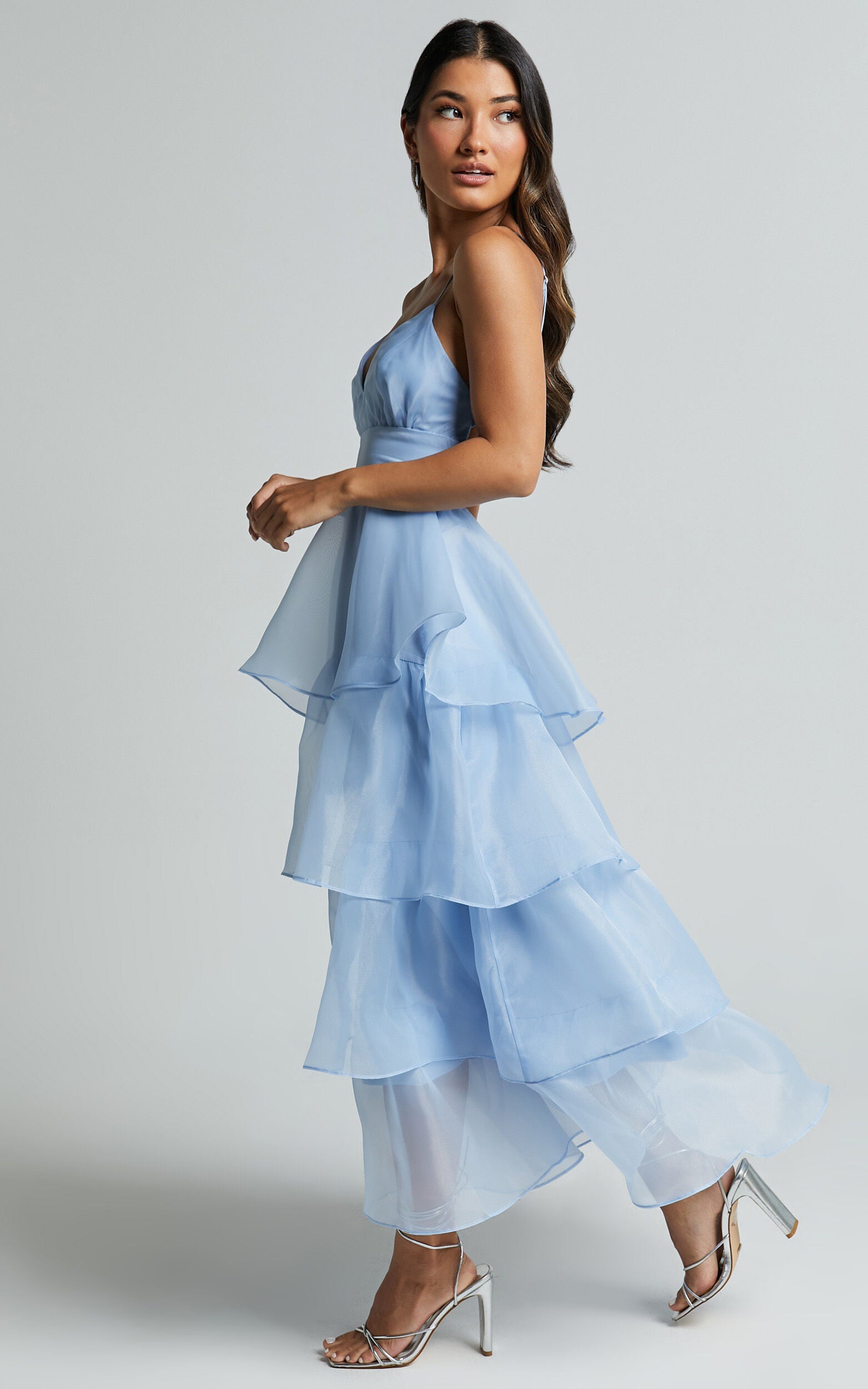Cindy Midi Dress - Layered Skirt Dress in Pale Blue