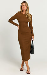 Divina Midi Dress - Long Sleeve A Line Knit Dress in Brown