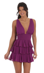 Plunge Neck Ruffle Dress in Purple